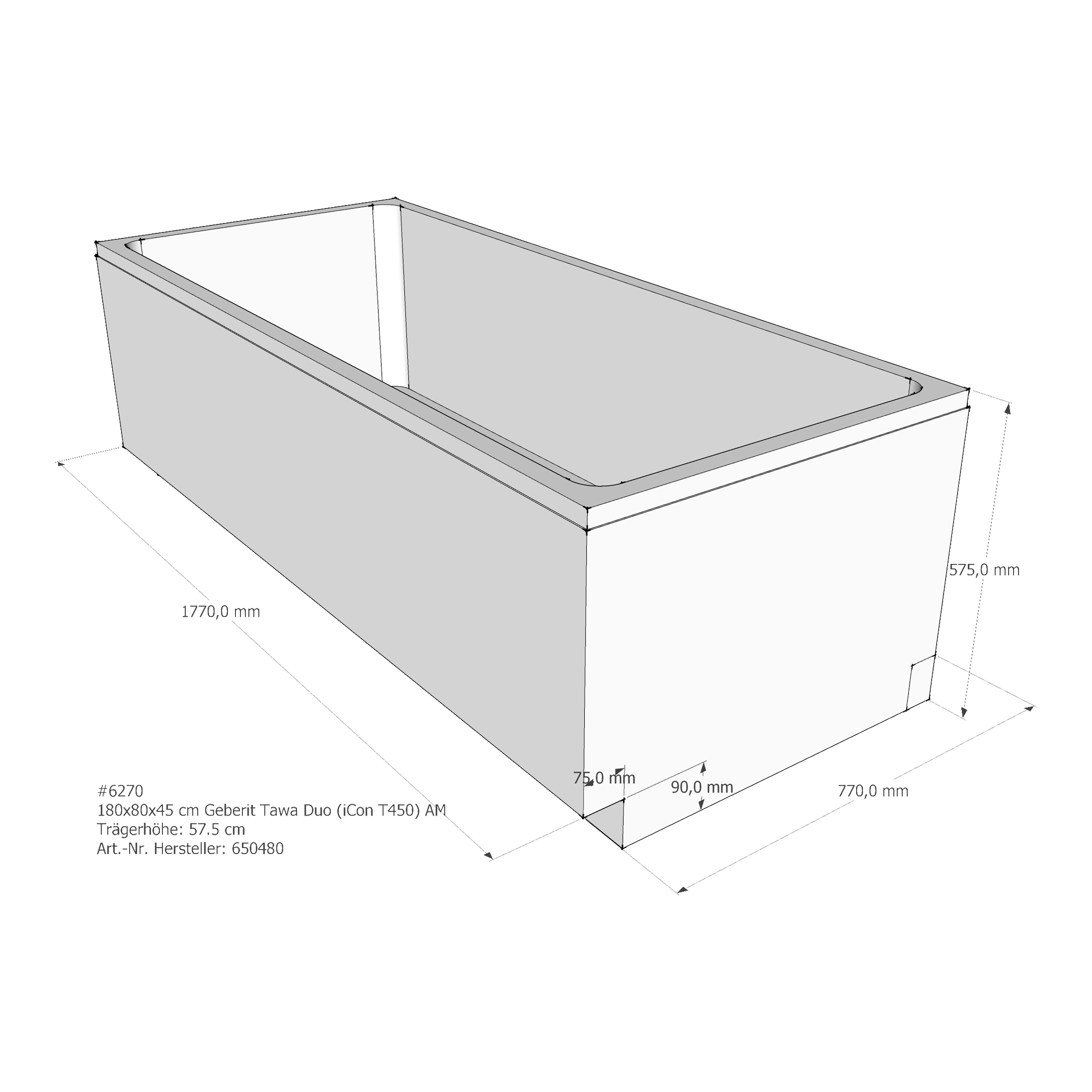 Wannenträger Keramag Tawa Duo (iCon T450) 180x80x45 cm Mittelablauf