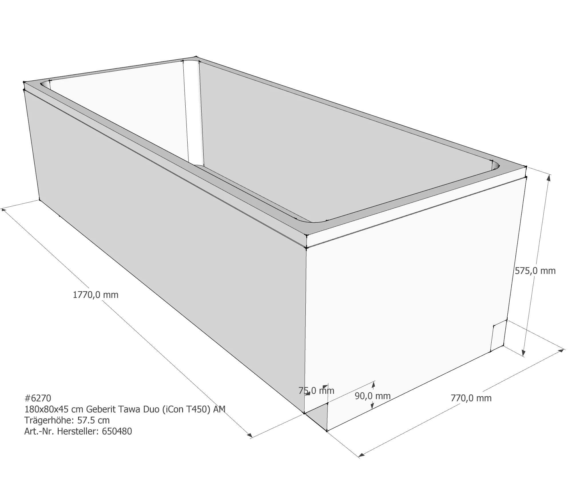 Badewannenträger passend für Geberit Tawa Duo (iCon T450) 180 × 80 × 45 cm