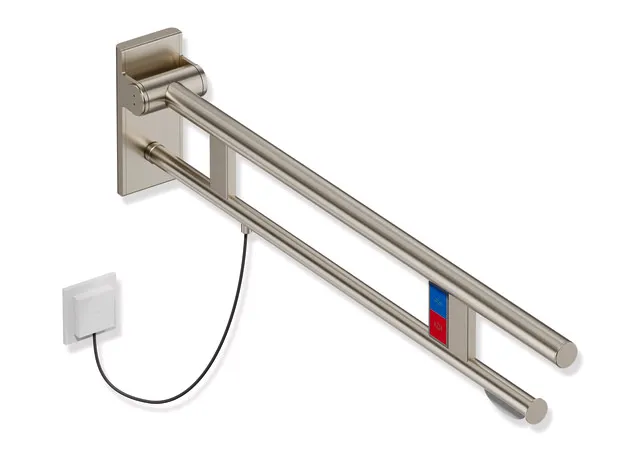 Stützklappgriff Duo, Design A des Systems 900, Edelstahl, PVD, Ausladung 900 mm, mit WC-Papierhalter und Spül-/Funktionstasten (E-Ausführung), Ausführung links, in Farbe CK (messing glänzend) Stützklappgriff Duo, Design A des Systems 900, Edelstahl, PVD, Ausladung 900 mm, mit WC-Papierhalter und Spül-/Funktionstasten (E-Ausführung), Ausführung links, in Farbe CK (messing glänzend)