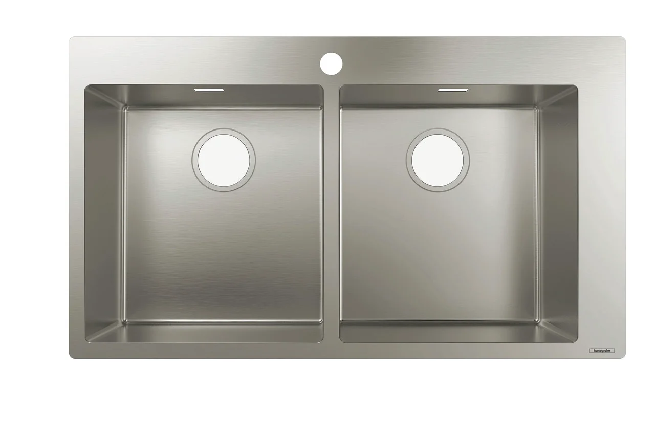 Hansgrohe Einbauspüle S71 Edelstahl, 370x370 mm, 2 Hauptbecken, flach aufliegend oder flächenbündig