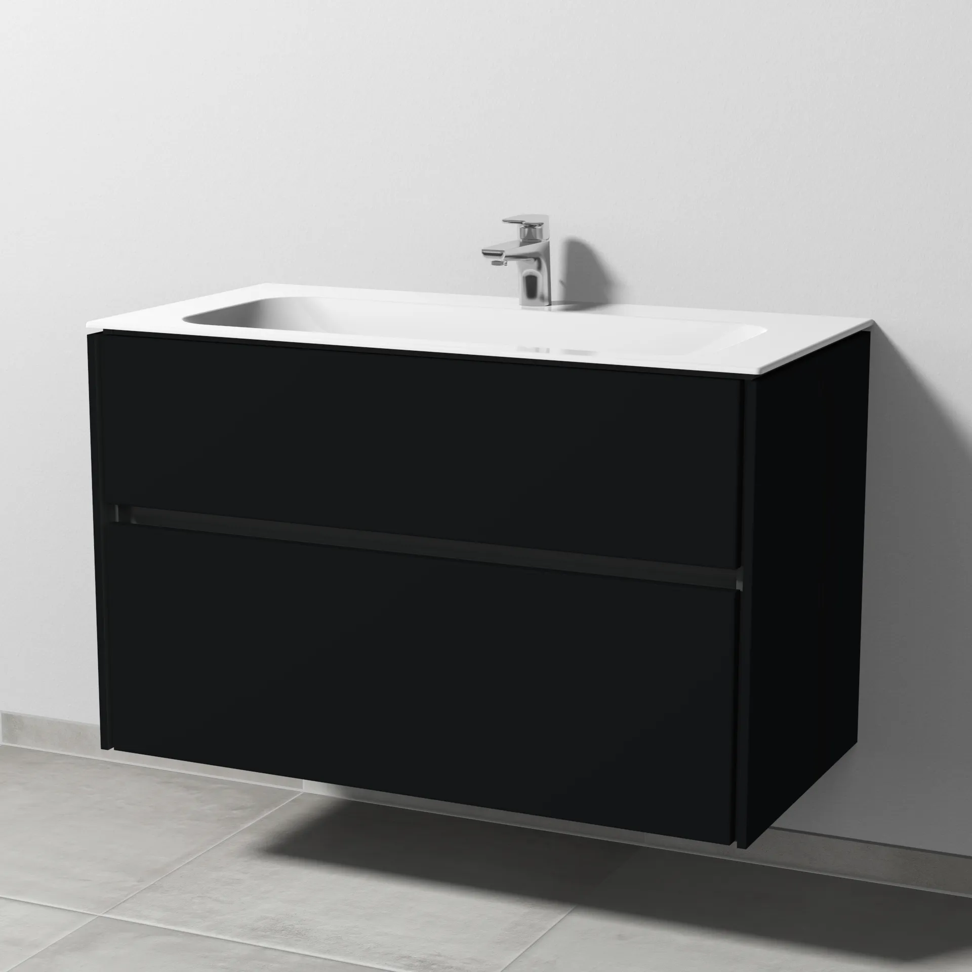 Keramik-Waschtisch-Set mit Waschtischunterschrank „Twiga“ 99 × 50 × 61 cm in Schwarz (matt), ohne Beleuchtung, mit Hahnlochbohrung Keramik-Waschtisch-Set mit Waschtischunterschrank „Twiga“ 99 × 50 × 61 cm in Schwarz (matt), ohne Beleuchtung, mit Hahnlochbohrung