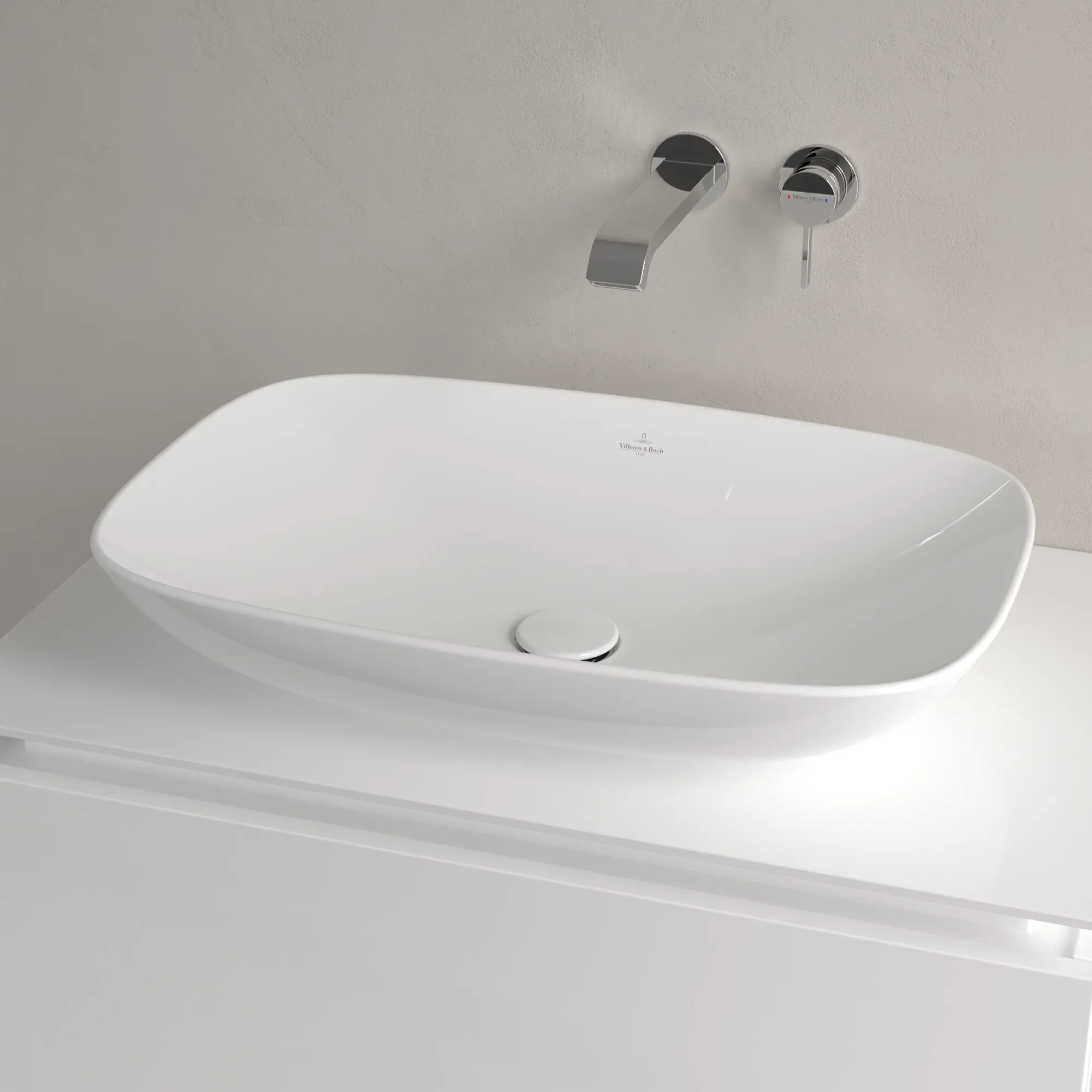 Villeroy & Boch Aufsatzwaschtisch aus TitanCeram „Loop & Friends“ 620 × 420 × 150 mm, ohne Hahnlochbohrung in Weiß Alpin