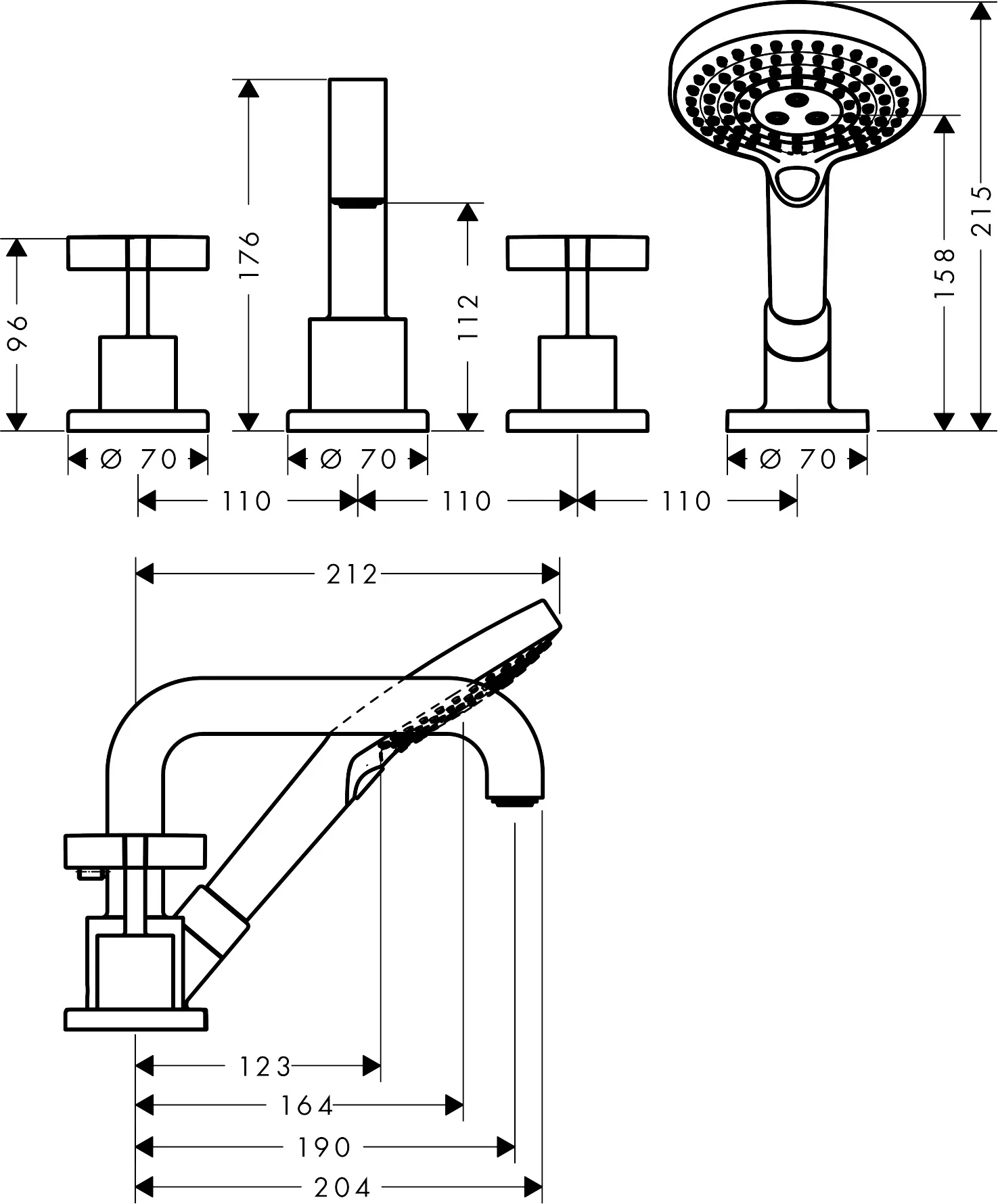 Hansgrohe AXOR Citterio 4-Loch Fliesenrandarmatur Chrom, Ausladung 190 mm, Normalstrahl, RainAir/Rain/WhirlAir Handbrause, max. Ausziehänge 1,10 m