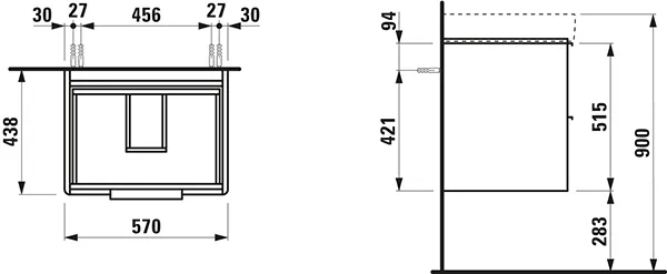 Waschtischunterbau BASE für PRO S 438x570x515 2 Schubladen mit Griff aluminium eloxiert für Waschtisch H810963 weiß matt