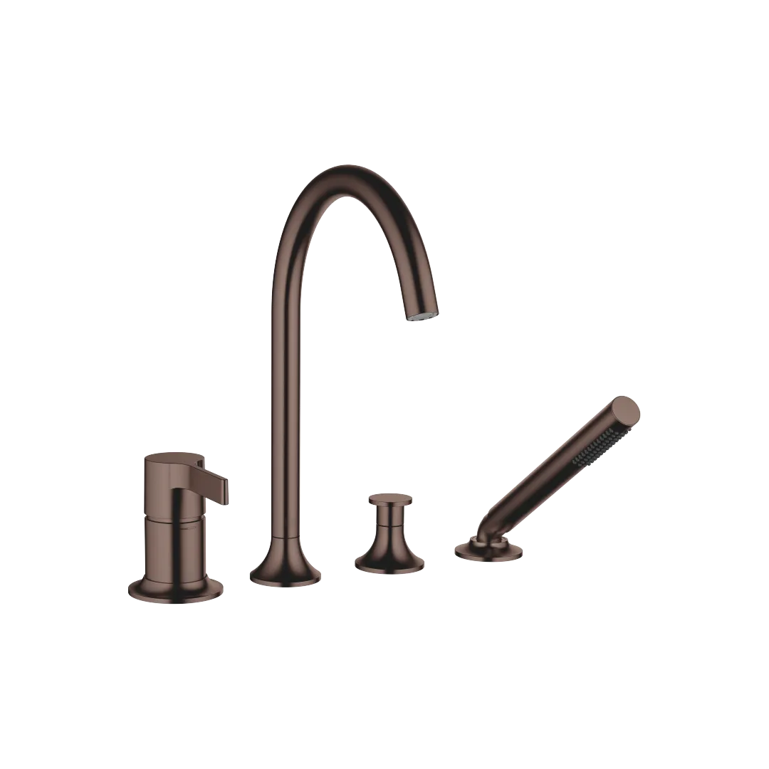 Dornbracht VAIA Wannen-Vierlochbatterie Dark Bronze gebürstet PVD, Auslauf mit rundem luftangereichertem Strahl, Durchfluss max. 18,2 l/min bei 3 bar, Handbrause COMPACT RAIN, Schlauchbrausegarnitur mit Antikalk-System, automatische Umstellung Wanne/Brau