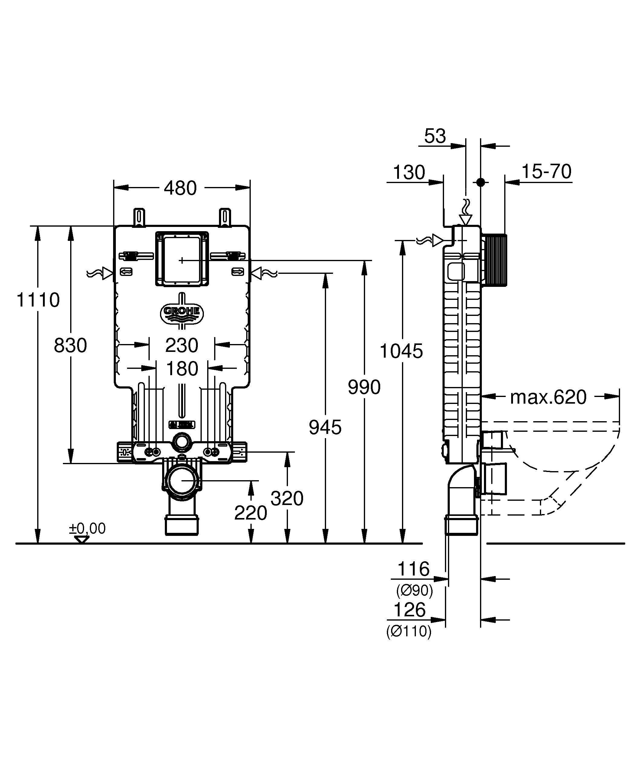 WC-Element Uniset 38643_1, Spülkasten GD 2, schalldämmendes EPS-Modul zum Ummauern, 830 x 470 x 130 mm