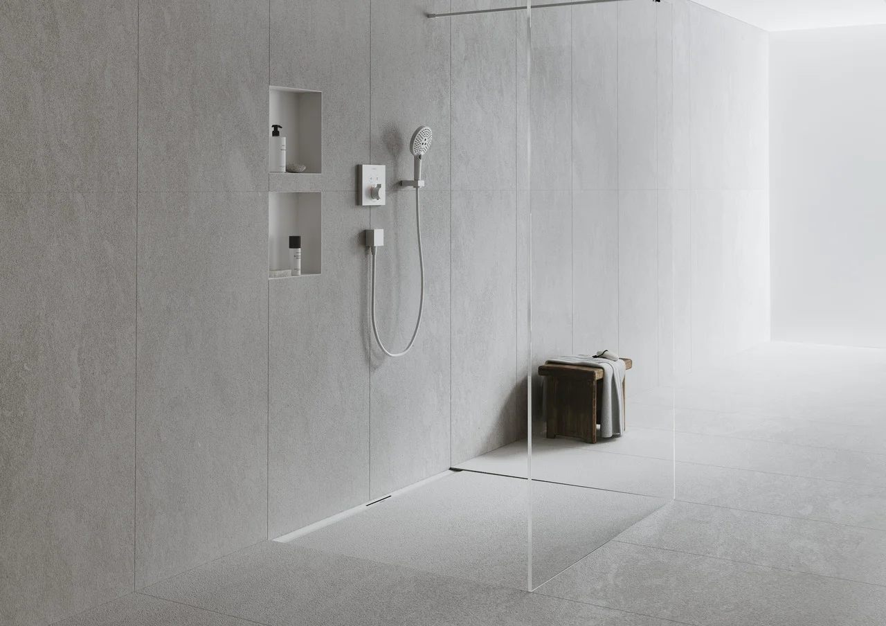 Hansgrohe RainDrain Flex Duschrinne 1200 mm, wandangebunden, höhenverstellbar, Edelstahl V2A, Mattweiß