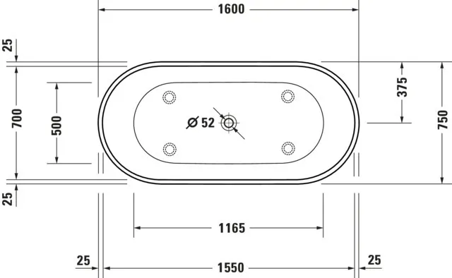 Duravit Badewanne „D-Neo“ freistehend oval 160 × 75 cm, ohne Überlauf, Mittelablauf 