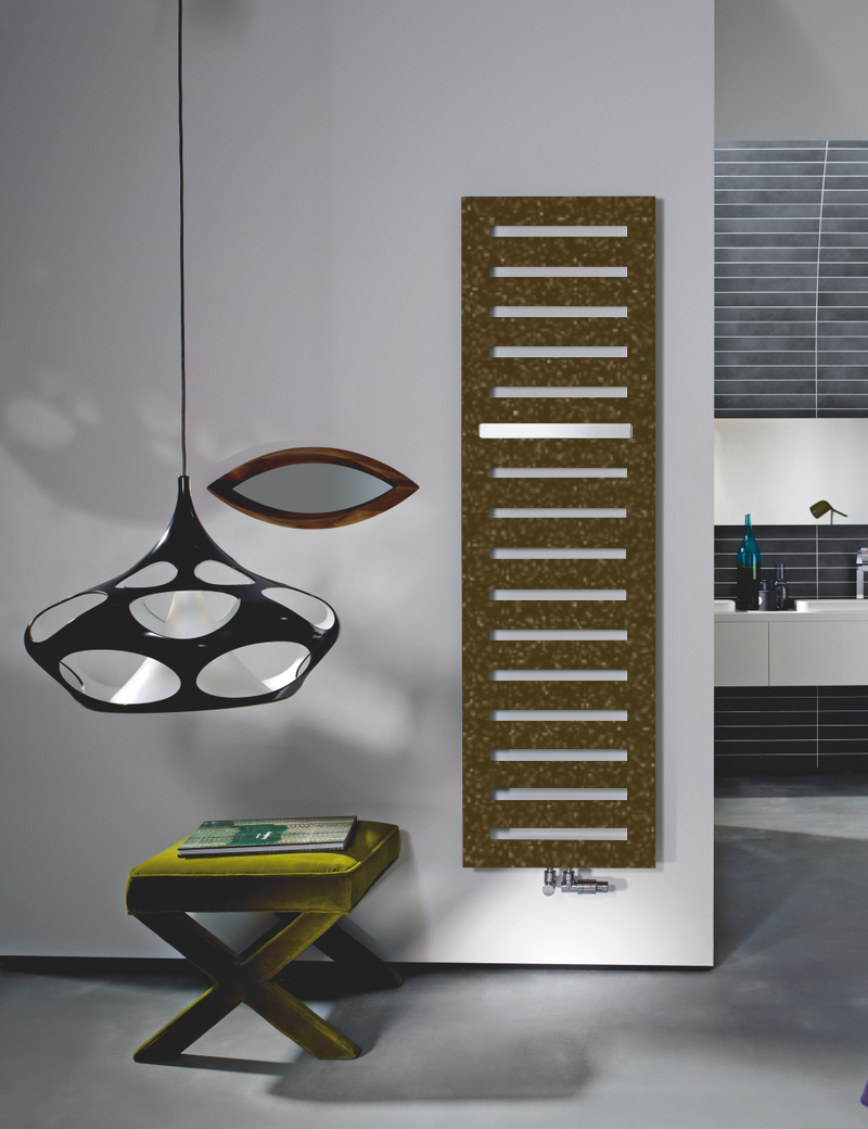 Zehnder Design-Heizkörper „Metropolitan Bar“ für Warmwasser-Zentralheizung mit 50 mm-Mittelanschluss und integriertem Thermostat „Completto“ 50 × 175 cm in Bronze
