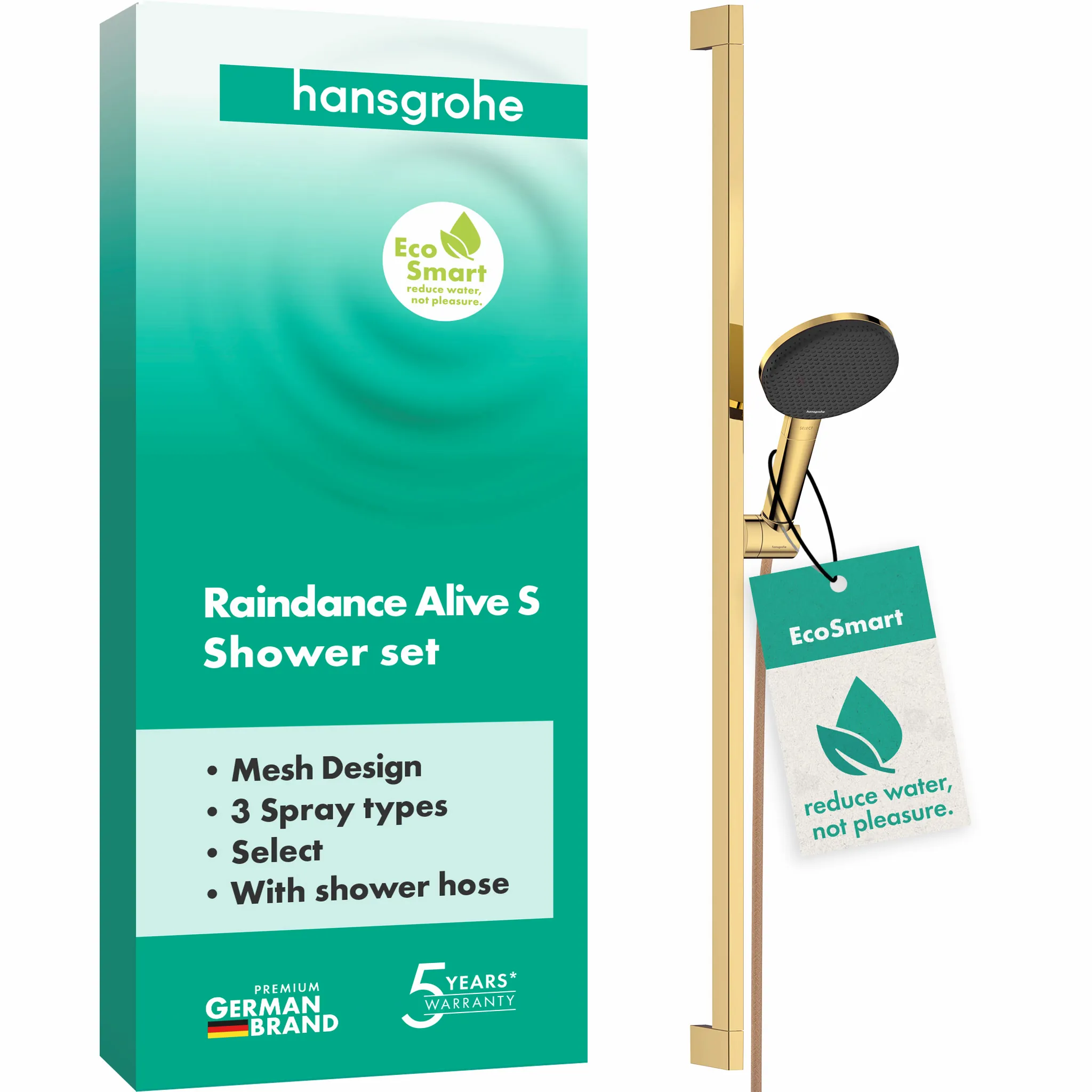 Hansgrohe Raindance Alive Select S Brauseset 125 3jet EcoSmart mit Unica E Puro 90 cm und Easy Slide, Polished Gold Optic Hansgrohe Raindance Alive Select S Brauseset 125 3jet EcoSmart mit Unica E Puro 90 cm und Easy Slide, Polished Gold Optic