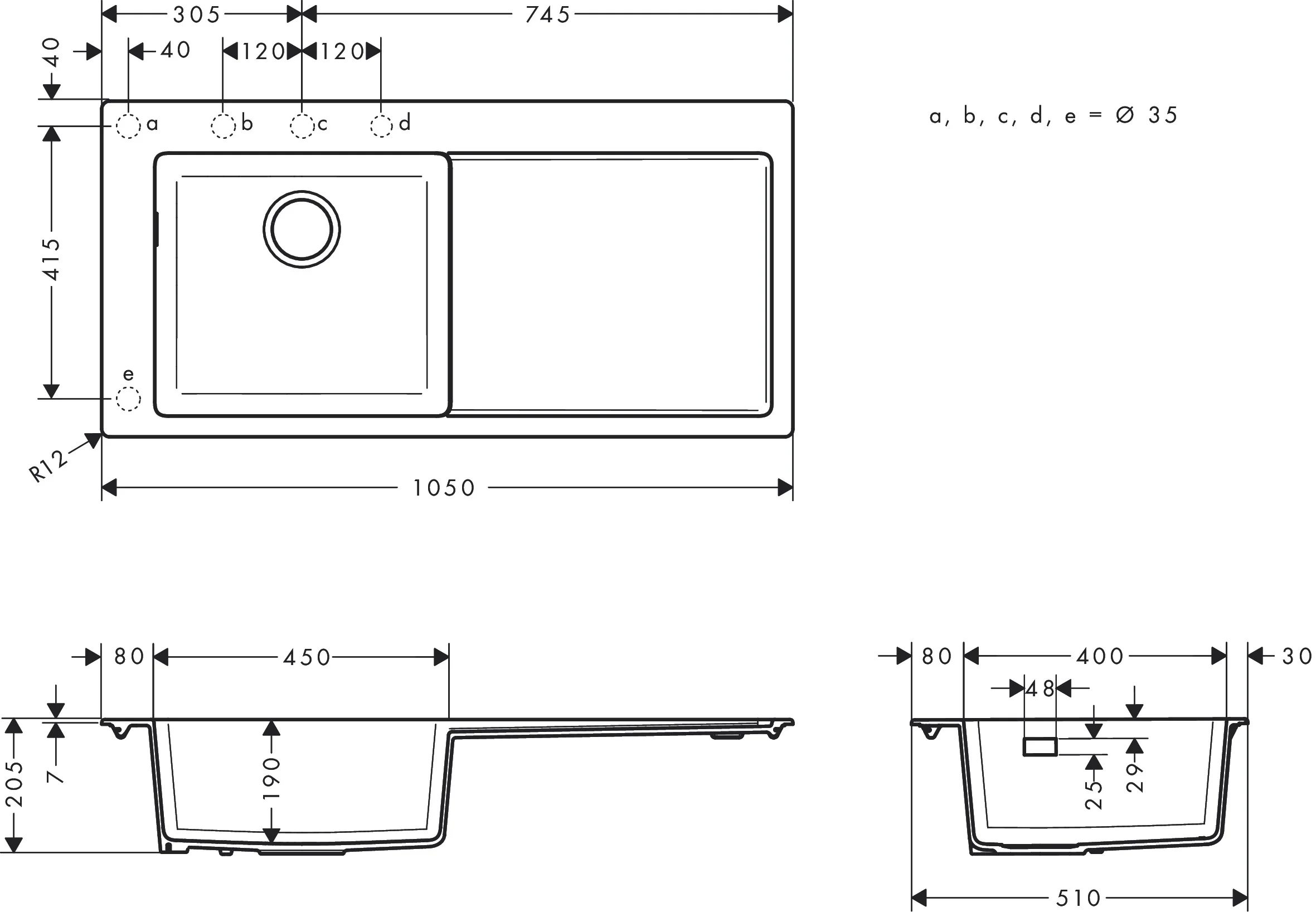Hansgrohe Einbauspüle S51 Steingrau, 1030 x 490 mm, Becken links, Aufbau, 190 mm tief