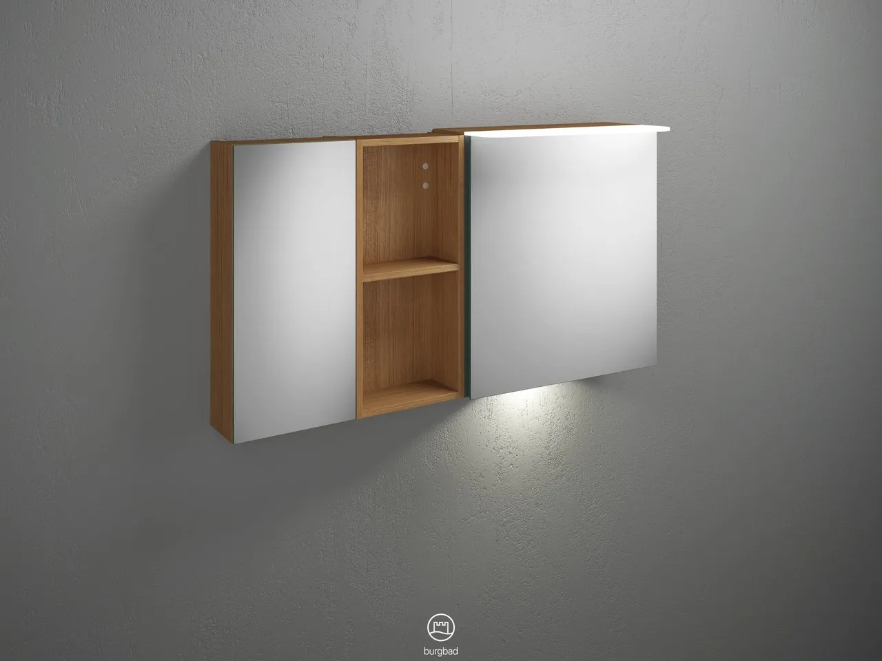 Badu Spiegelschrank SFUD120 von burgbad - 310 mm tief, 1.200 mm breit, 665 mm hoch, beidseitig verspiegelt mit LED-Aufsatzleuchte und Waschtischbeleuchtung