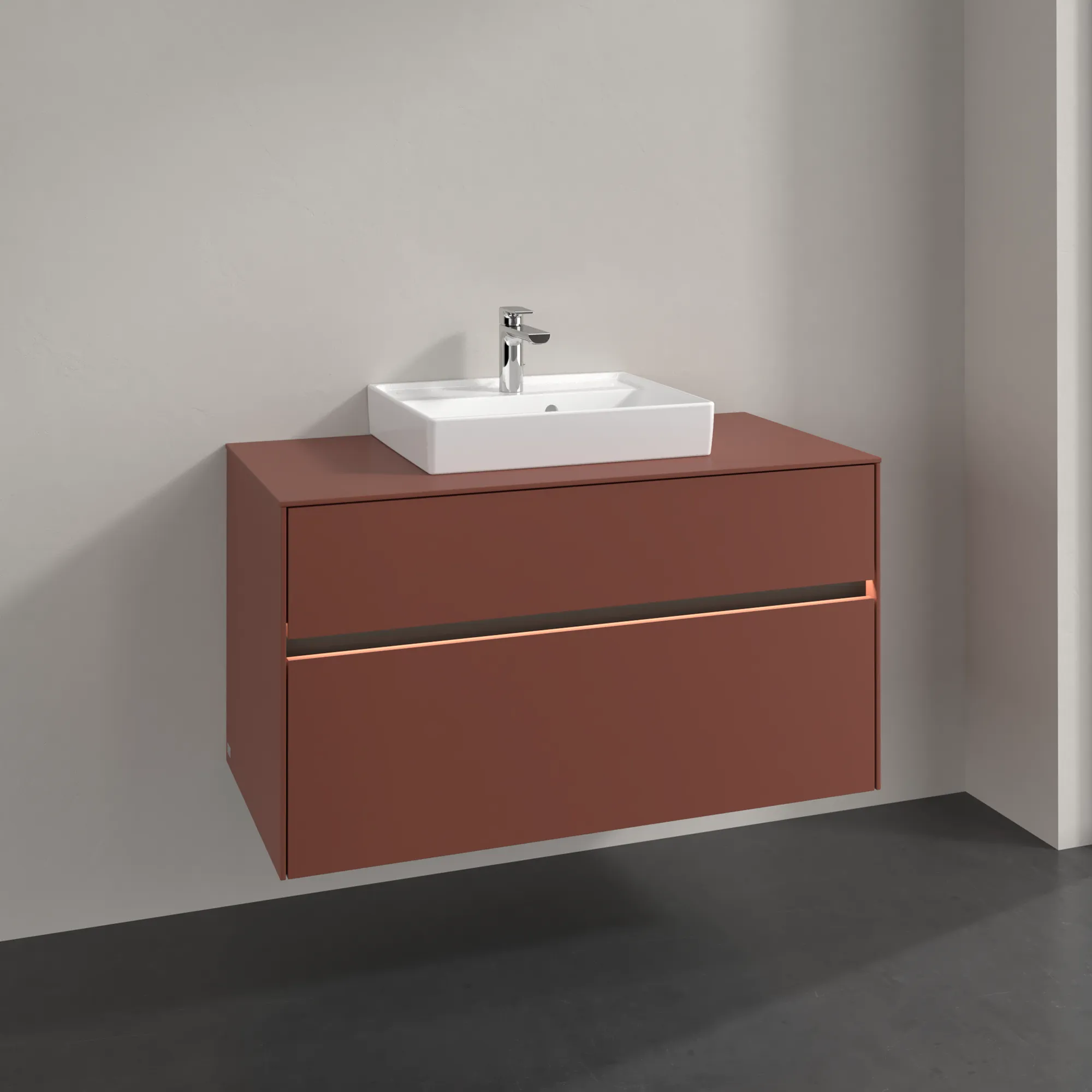 Villeroy & Boch Waschtischunterschrank „Collaro“ 1000 × 548 × 500 mm Wine Red, mit Beleuchtung, für Becken mittig Villeroy & Boch Waschtischunterschrank „Collaro“ 1000 × 548 × 500 mm Wine Red, mit Beleuchtung, für Becken mittig