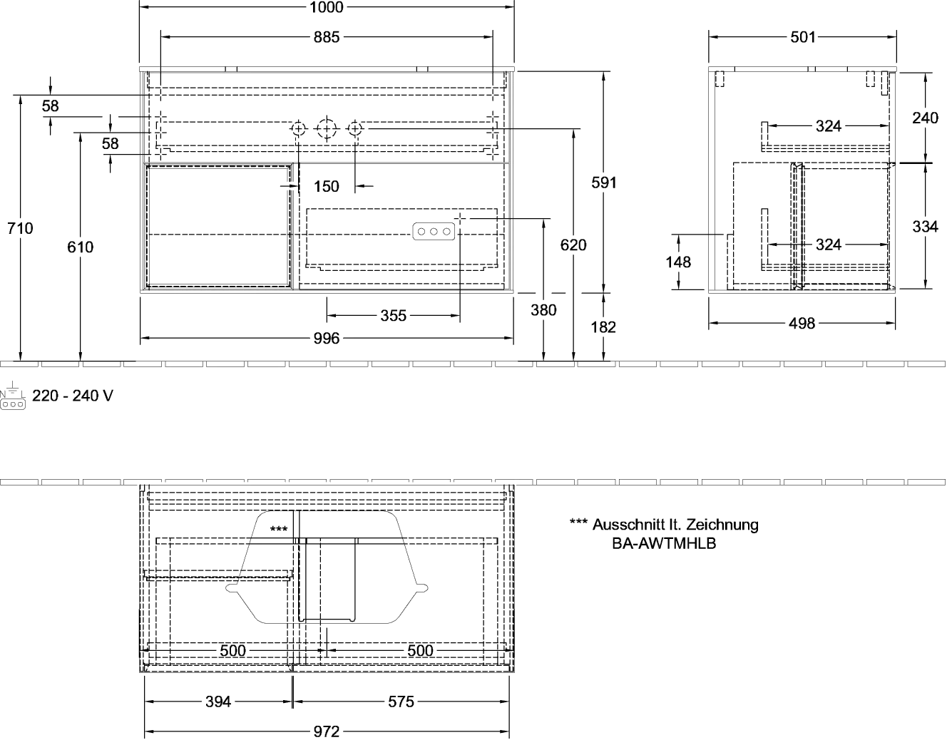 Villeroy & Boch Waschbeckenunterschrank Finion G36, 1000x603x501 mm, Black Matt Lacquer, mit Beleuchtung und SoftClosing Villeroy & Boch Waschbeckenunterschrank Finion G36, 1000x603x501 mm, Black Matt Lacquer, mit Beleuchtung und SoftClosing