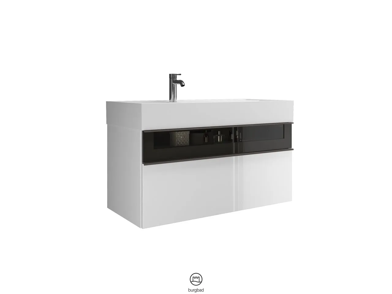 Mi-Waschtisch inkl. WTU Yumo von burgbad – Mineralguss, 470x1015x610 mm, 1 Schublade, 1 Auszug, Rauchglaseinsatz