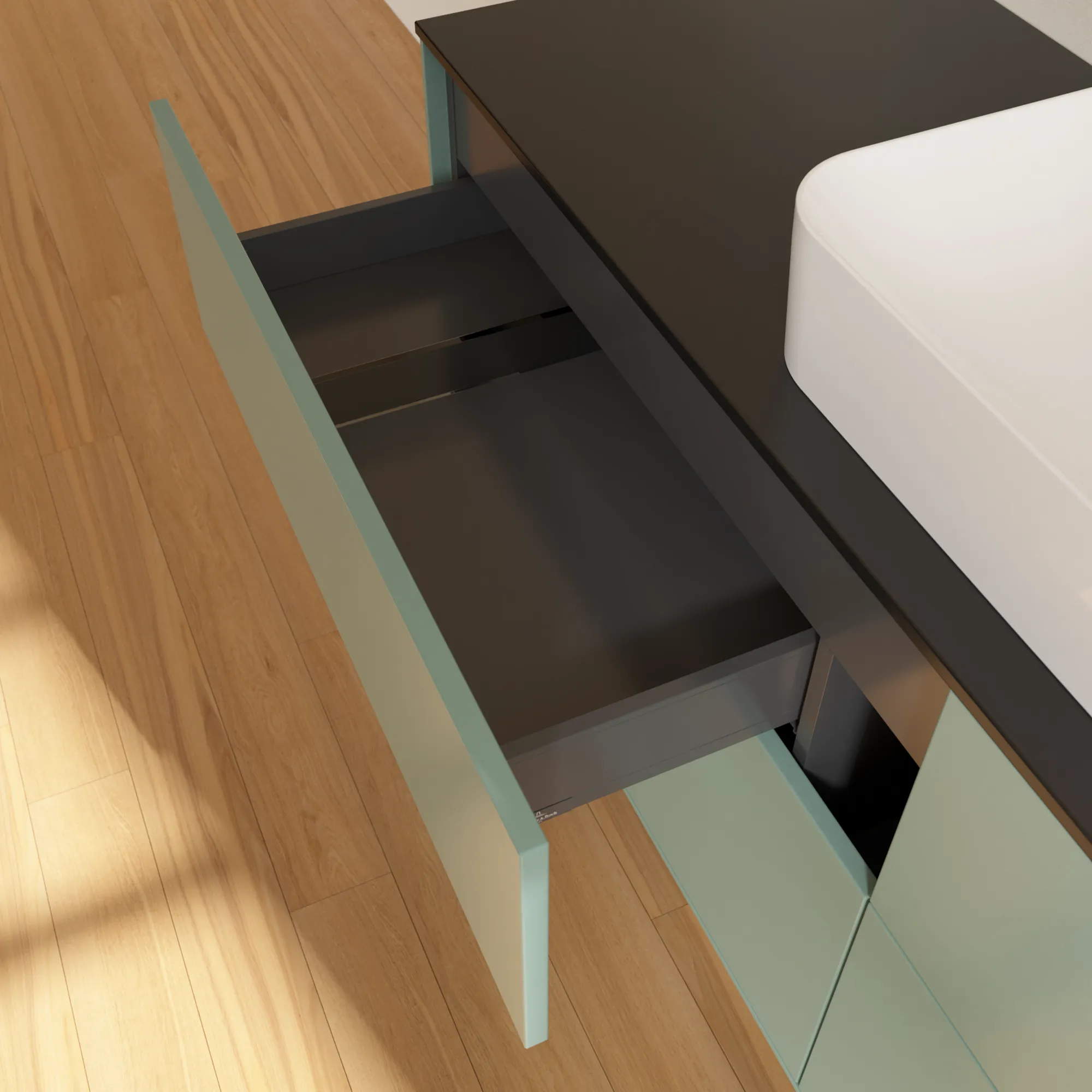 Villeroy & Boch Waschtischunterschrank „Finion“ für Schrankwaschtisch 1600 × 603 × 501 mm Olive Matt Lacquer, ohne Hahnlochbohrung, für Becken mittig