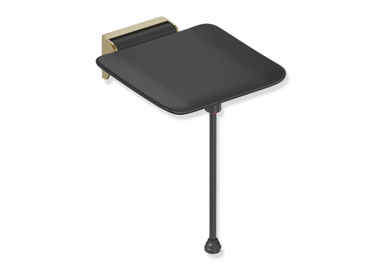 Klappsitz, System 900, Wandkonsole aus Edst., PVD, Sitzfläche aus strukturiertem Kst., schwarz, Sitzf.: B:350 mm, T: 340 mm, mit Bodenstütze für