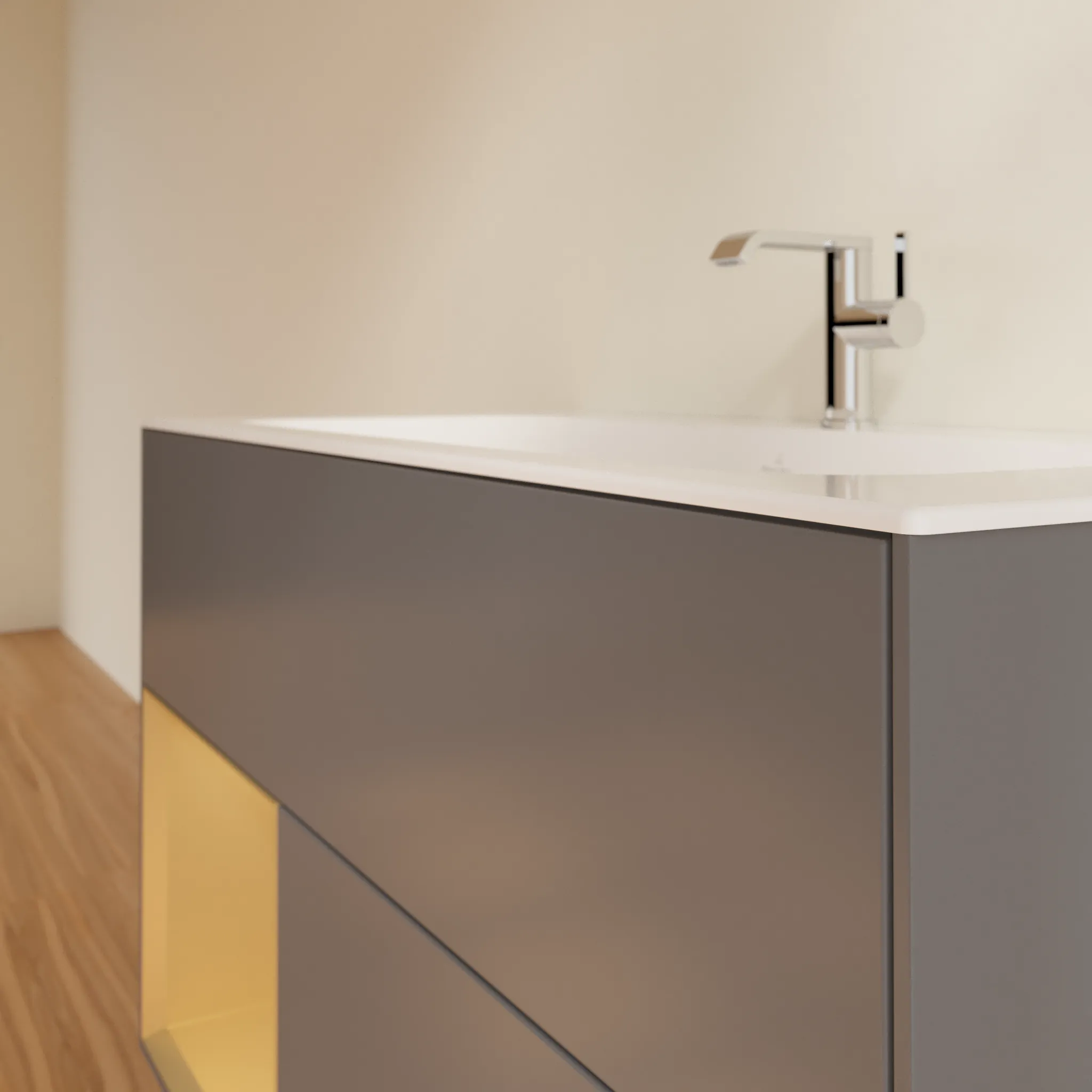 Villeroy & Boch Waschbeckenunterschrank Finion F03, Anthracite Matt Lacquer mit Gold Regal, 996x591x498 mm, mit Beleuchtung und Push-to-open Funktion Villeroy & Boch Waschbeckenunterschrank Finion F03, Anthracite Matt Lacquer mit Gold Regal, 996x591x498 mm, mit Beleuchtung und Push-to-open Funktion
