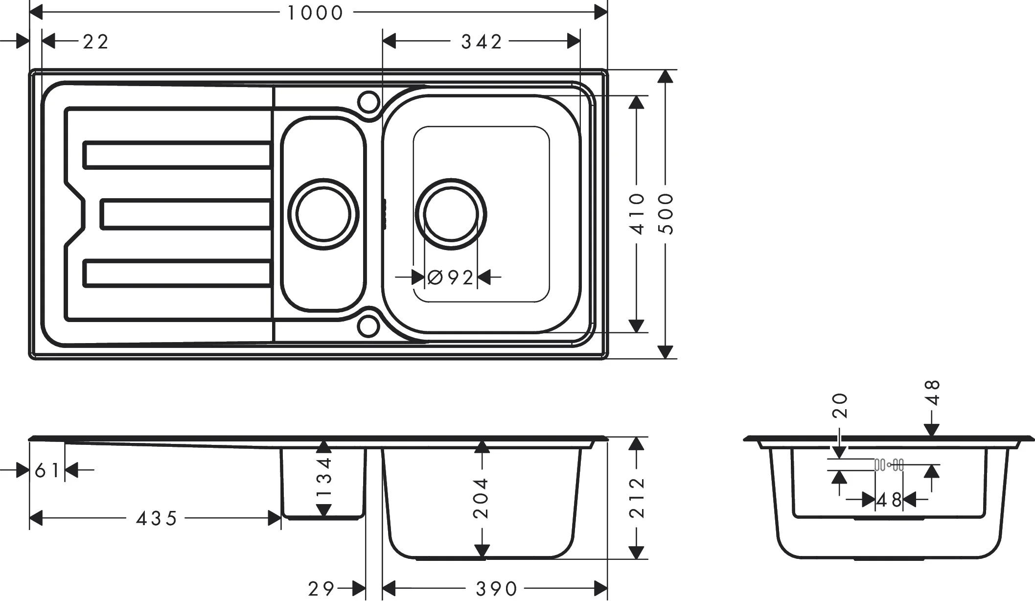 Hansgrohe Einbauspüle S44 Edelstahl 980 x 480 mm mit automatischer Ablaufgarnitur und Abtropffläche