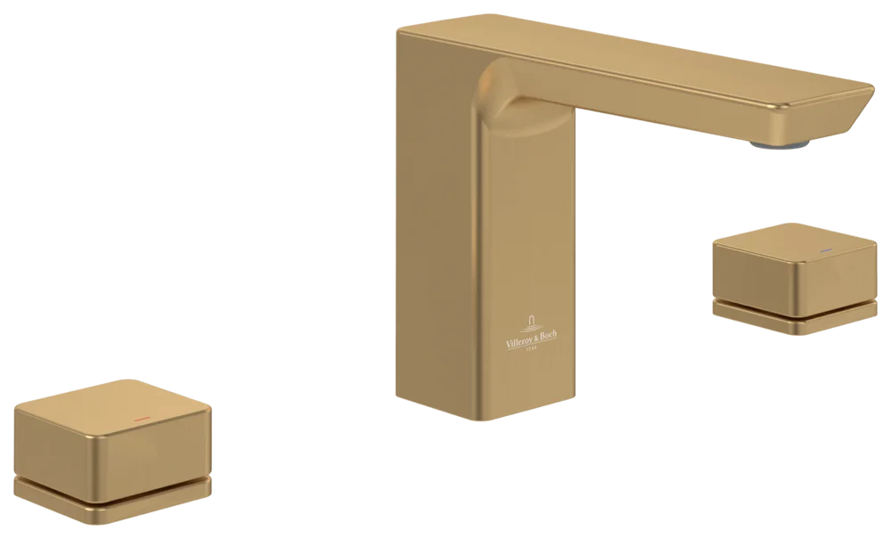 Villeroy & Boch Subway 3.0 Dreiloch-Waschtischarmatur, Brushed Gold, 122 mm Höhe, 43 mm Durchmesser, 345x178x122 mm, verstellbarer Strahlregler