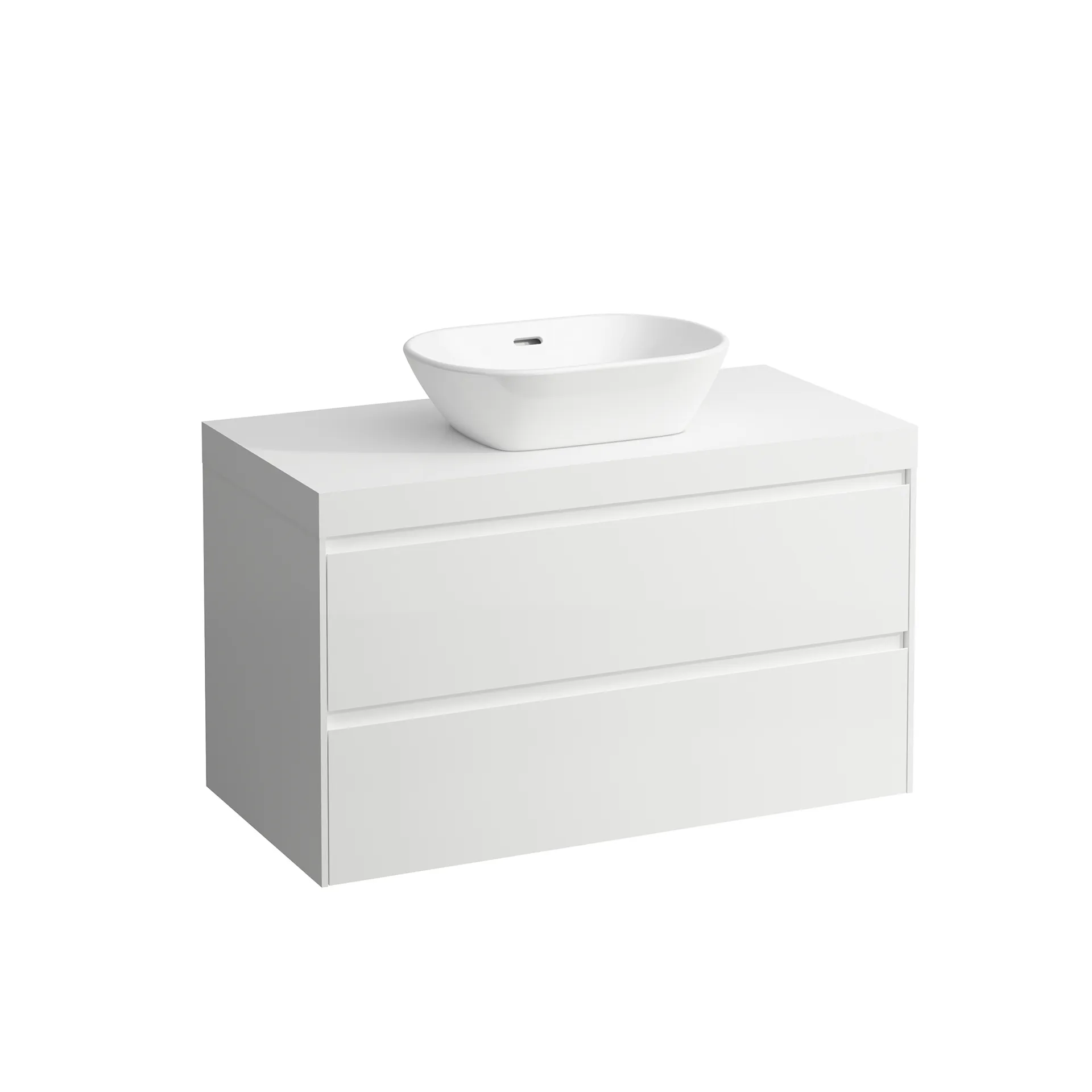 Waschtischunterbau+Waschtischplatte (MODULAR SYSTEM) LANI 495x985x580 mit Ausschnitt mittig Abdeckplatte 65 mm (Farbe: .260 weiß matt), mit 2 Schubladen integrierter Griffleiste Vollauszug und Soft-Close weiß matt Waschtischunterbau+Waschtischplatte (MODULAR SYSTEM) LANI 495x985x580 mit Ausschnitt mittig Abdeckplatte 65 mm (Farbe: .260 weiß matt), mit 2 Schubladen integrierter Griffleiste Vollauszug und Soft-Close weiß matt