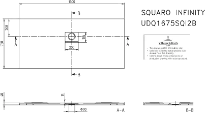 Villeroy & Boch rechteck Duschwanne „Squaro Infinity“ lange Seite geschnitten an der Wand 160 × 75 cm