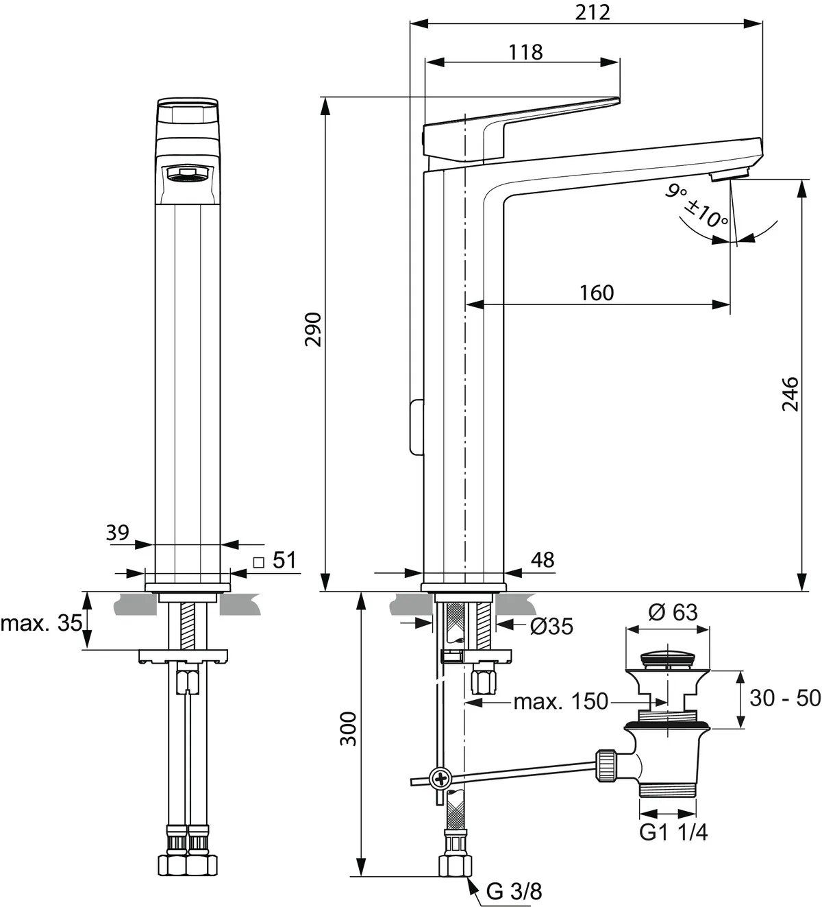 Waschtischarmatur Tonic II, mit verlägertem Sockel, 5 l/min., mit Ablaufgarnitur, Ausladung 160mm, Chrom Waschtischarmatur Tonic II, mit verlägertem Sockel, 5 l/min., mit Ablaufgarnitur, Ausladung 160mm, Chrom