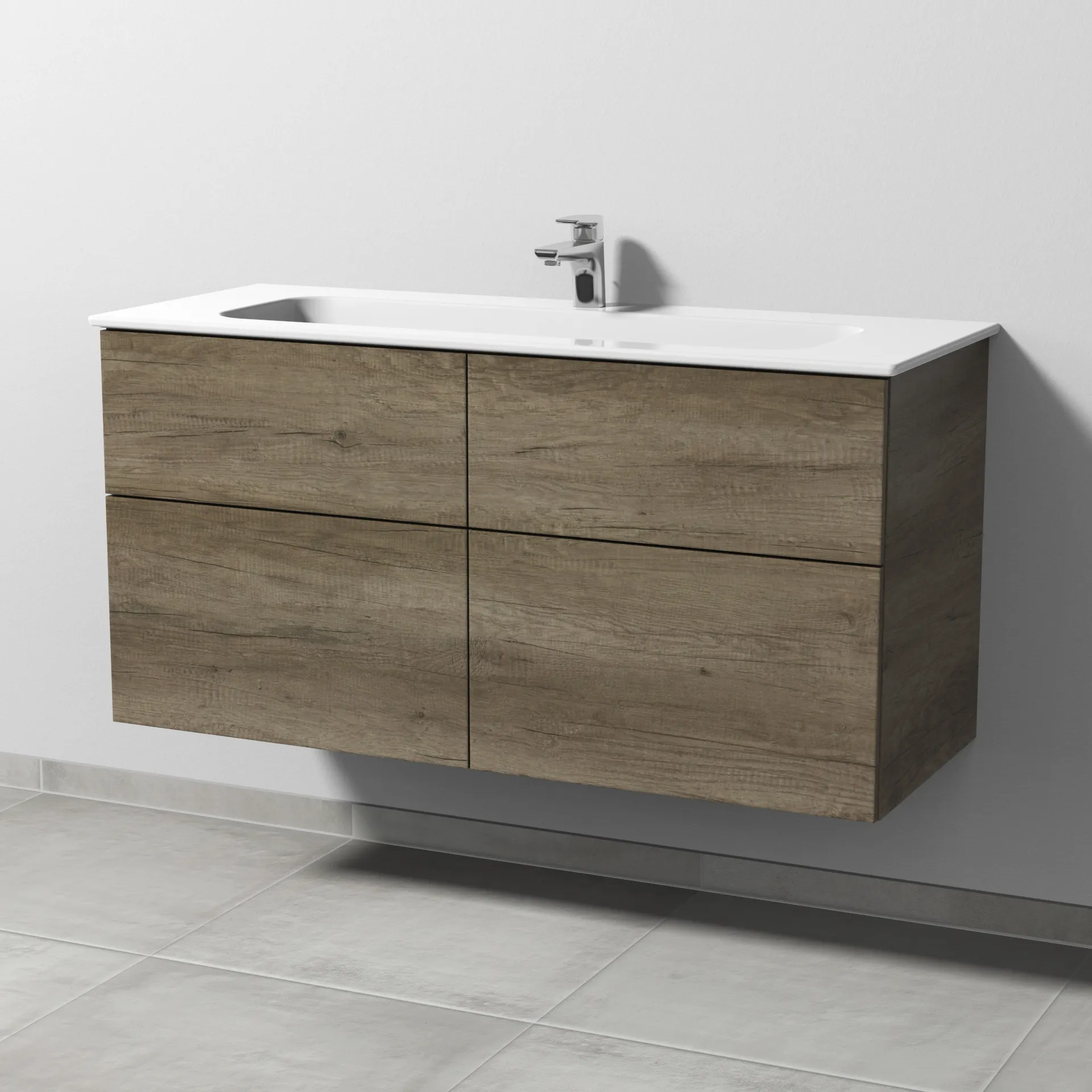 Keramik-Waschtisch-Set mit Waschtischunterschrank „3way“ 117 × 46 × 58,2 cm in Eiche Nebraska, mit Hahnlochbohrung, Becken mittig Keramik-Waschtisch-Set mit Waschtischunterschrank „3way“ 117 × 46 × 58,2 cm in Eiche Nebraska, mit Hahnlochbohrung, Becken mittig