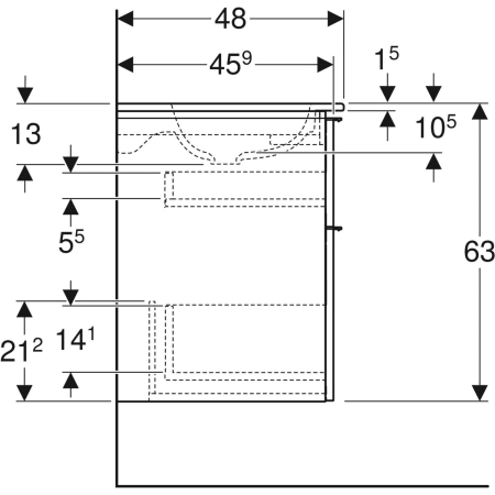 iCon Set Möbelwaschtisch schmaler Rand, mit Unterschrank, zwei Schubladen und Waschbeckenanschluss: B=90cm, H=63cm, T=48cm, weiß / KeraTect, Nussbaum hickory / Melamin Holzstruktur, lava / pulverbeschichtet matt