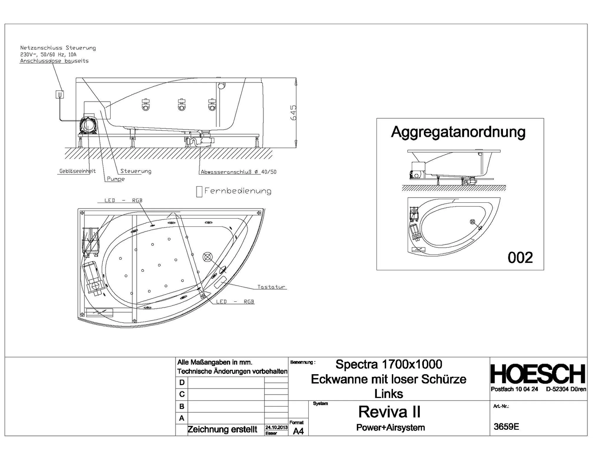 Hoesch Whirlwanne „Spectra“ mit Whirlsystem „Reviva II“ eck 171,8 × 101,4 cm