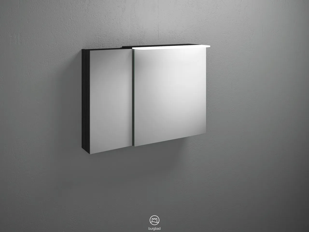 Spiegelschrank Badu von burgbad - 900 mm breit, 310 mm tief, 665 mm hoch mit LED-Aufsatzleuchte und beidseitig verspiegelten Spiegeltüren