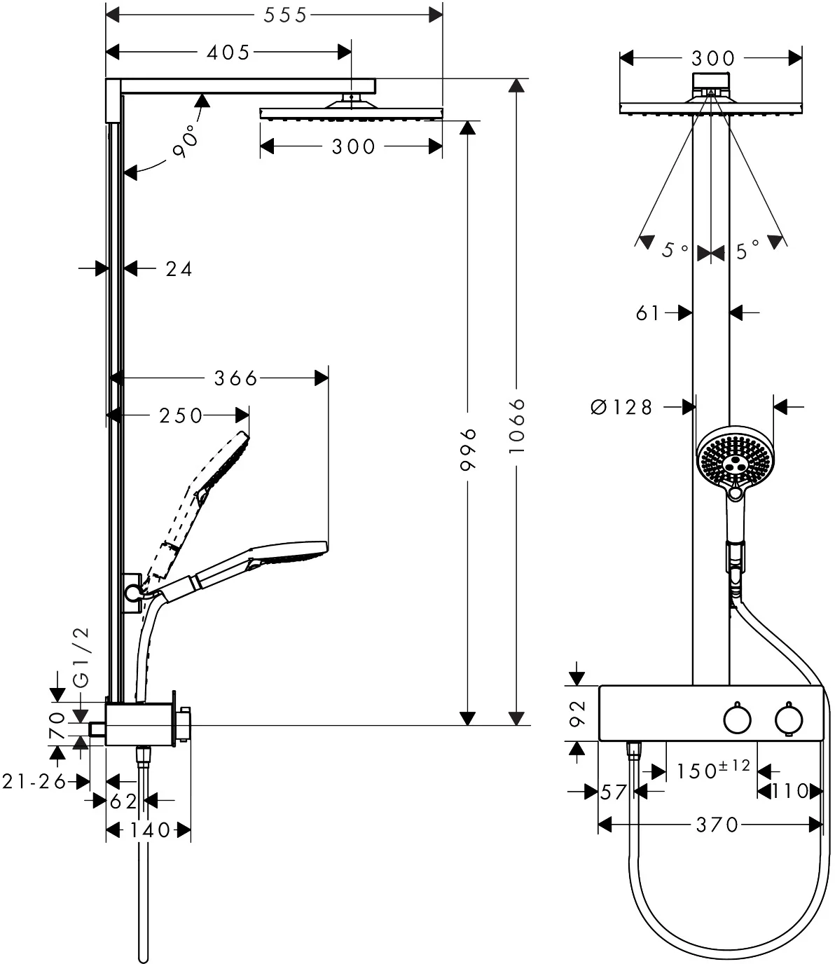 Hansgrohe Showerpipe Raindance E 300 1jet EcoSmart Chrom, 8 l/min Durchfluss, Aufputzinstallation, DN15 Anschluss Hansgrohe Showerpipe Raindance E 300 1jet EcoSmart Chrom, 8 l/min Durchfluss, Aufputzinstallation, DN15 Anschluss