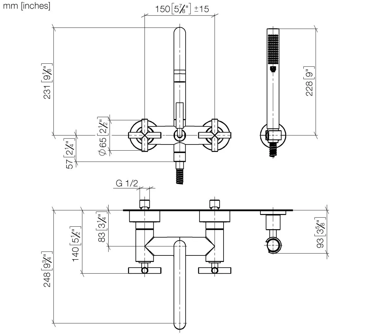Wannenbatterie für Wandmontage mit Schlauchbrausegarnitur TARA Chrom 25133892