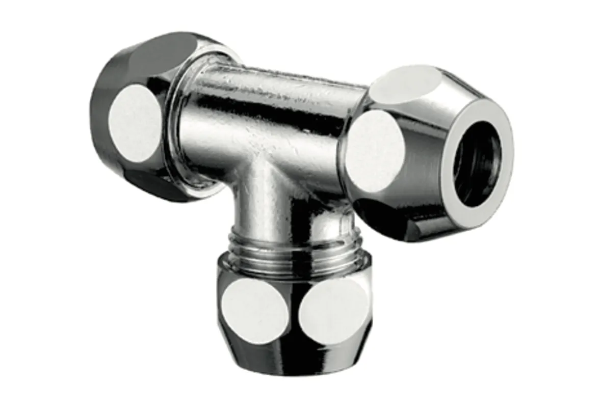 T-Verschraubung, 3x Ø 8 mm (DN 10 G 3/8 AG), chrom T-Verschraubung, 3x Ø 8 mm (DN 10 G 3/8 AG), chrom