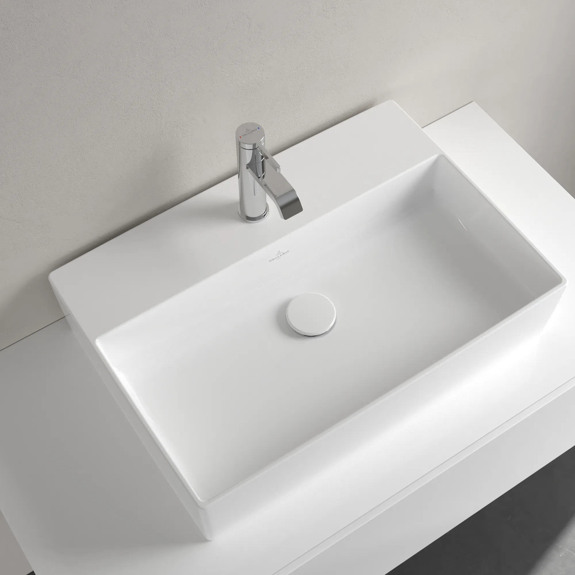 Villeroy & Boch Aufsatzwaschtisch aus TitanCeram „Memento 2.0“ 600 × 420 × 140 mm, mit Hahnlochbohrung, Hahnlochposition mittig in Weiß Alpin