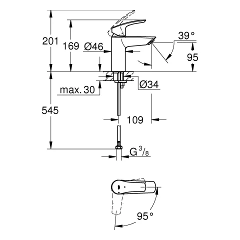 Einhand-Waschtischbatterie Eurosmart 32154_3, S-Size, Energie-Spar-Funktion Mittelstellung kalt, Einlochmontage, Temperaturbegrenzer, glatter Körper, chrom