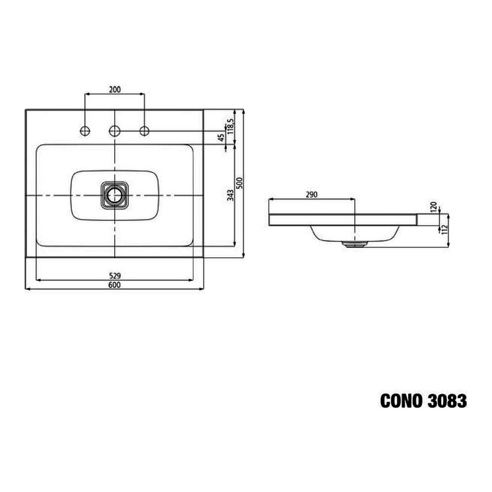 Aufsatzwaschtisch „Cono“ mit 3 Hahnlöchern, ohne Überlauf, mit Perl-Effekt, 60 x 50 x 12 cm, alpinweiß, 902106033001, Sonderangebot