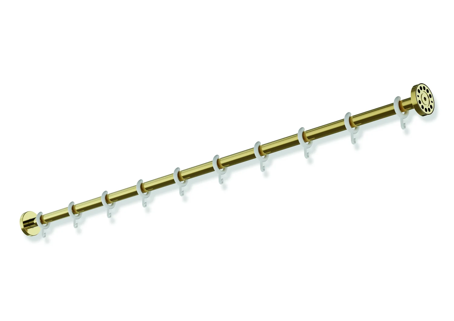 HEWI Vorhangstange System 900, Edelstahl PVD Gold glänzend, Länge 1219 mm, Stangendurchmesser 25 mm, mit 10 Vorhangringen aus weißem POM HEWI Vorhangstange System 900, Edelstahl PVD Gold glänzend, Länge 1219 mm, Stangendurchmesser 25 mm, mit 10 Vorhangringen aus weißem POM
