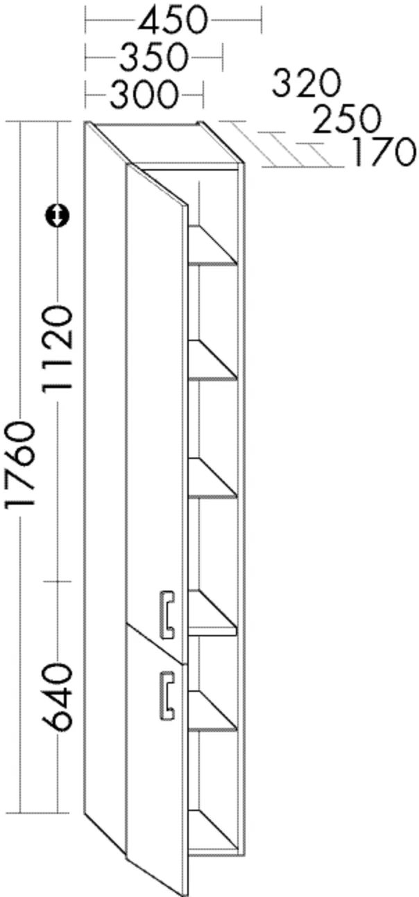 Hochschrank, 2 Türen;4 Glaseinlegeböden;1 fester Boden, Tiefe: 170 mm, Breite: 300 mm, Höhe: 1760 mm