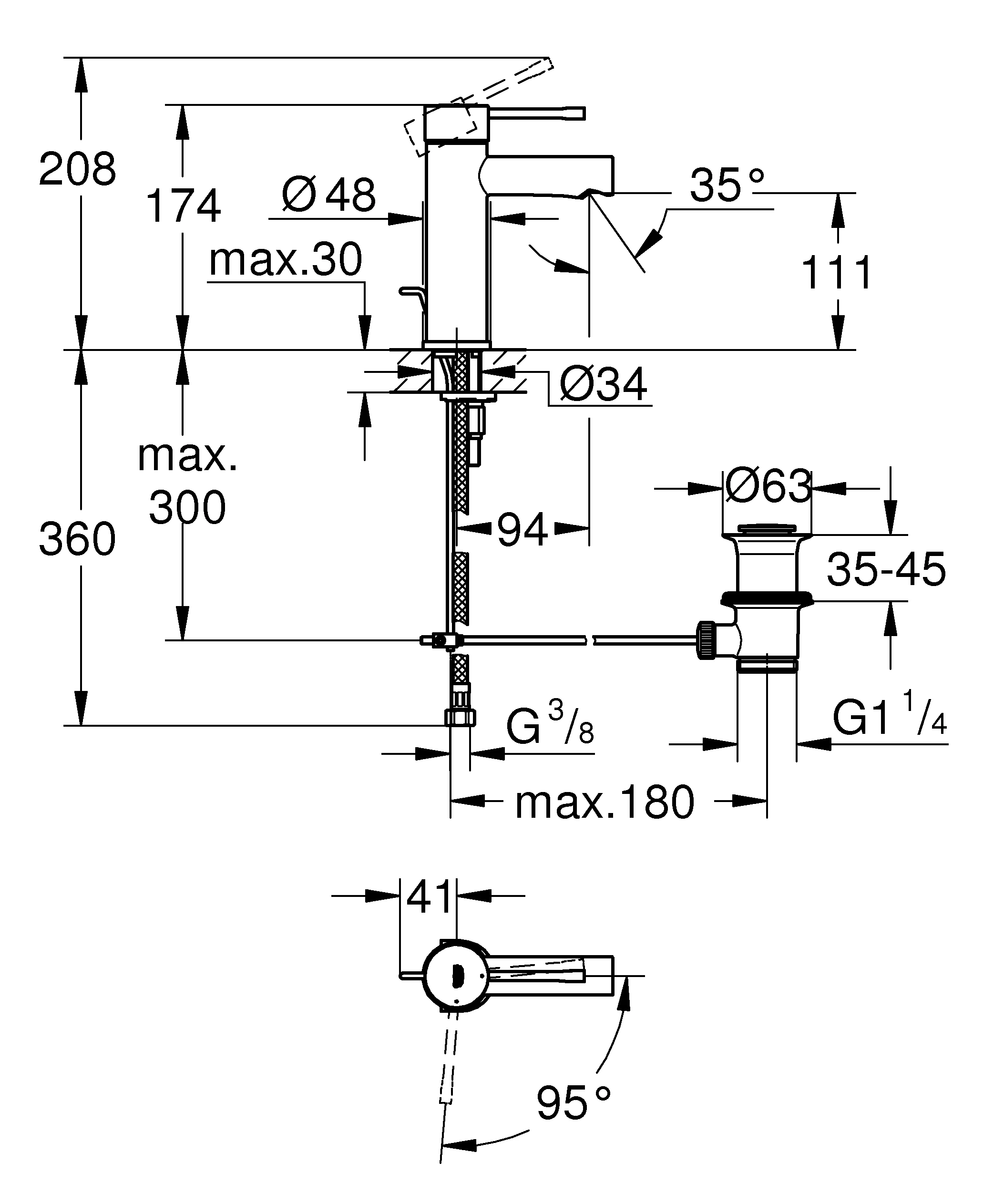 Einhand-Waschtischbatterie Essence 24183_1, S-Size, Einlochmontage, Energie-Spar-Funktion Mittelstellung kalt, Zugstangen-Ablaufgarnitur 1 1/4'', chrom