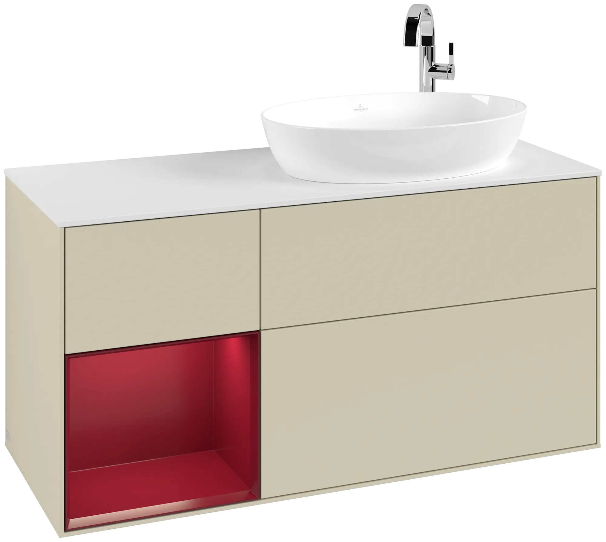 Villeroy & Boch Finion Waschbeckenunterschrank F92, 1200x603x501mm, mit Beleuchtung, 3 Auszüge, Waschbecken rechts