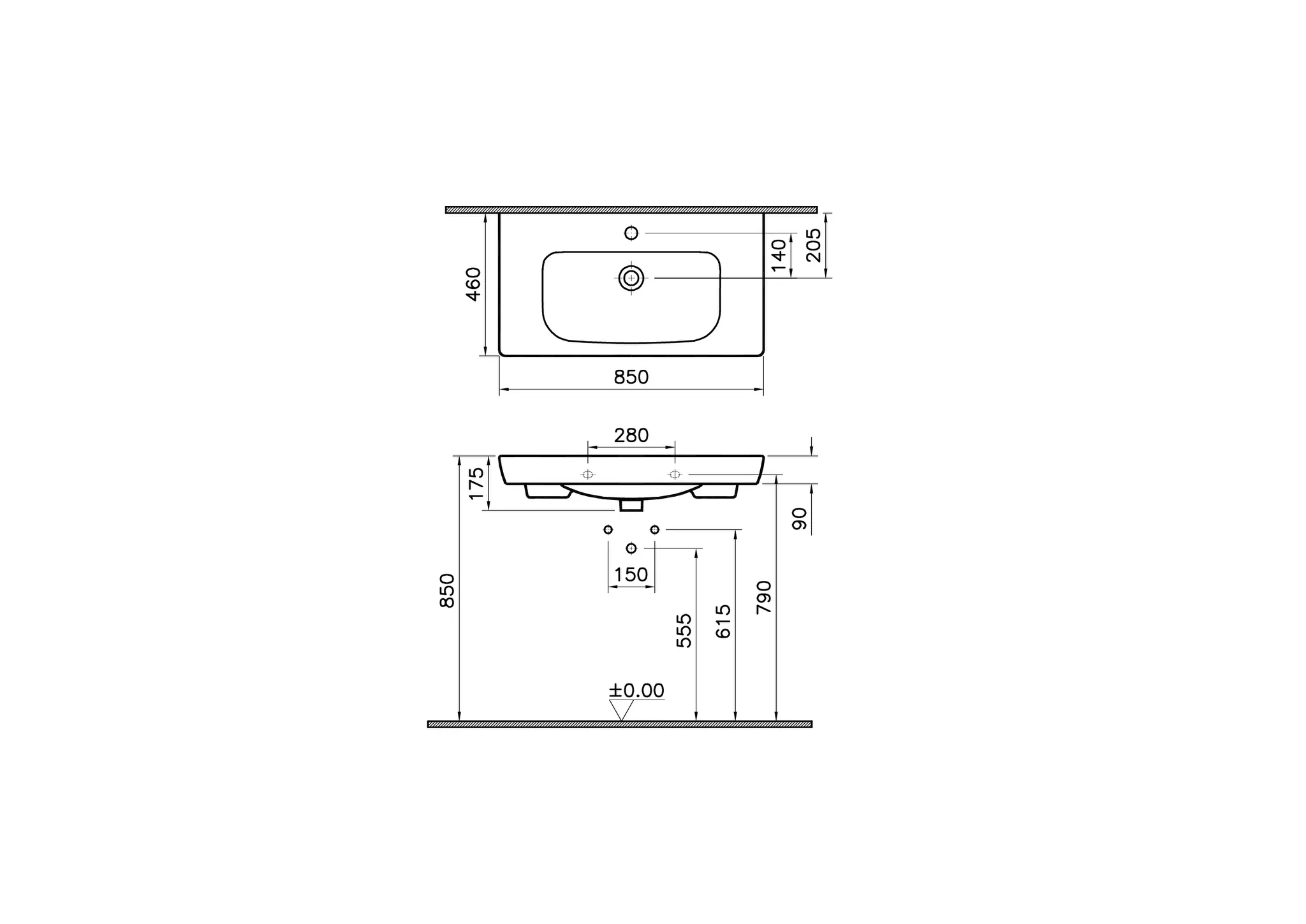VitrA S20 Möbelwaschtisch 850 x 460 mm Weiß Hochglanz