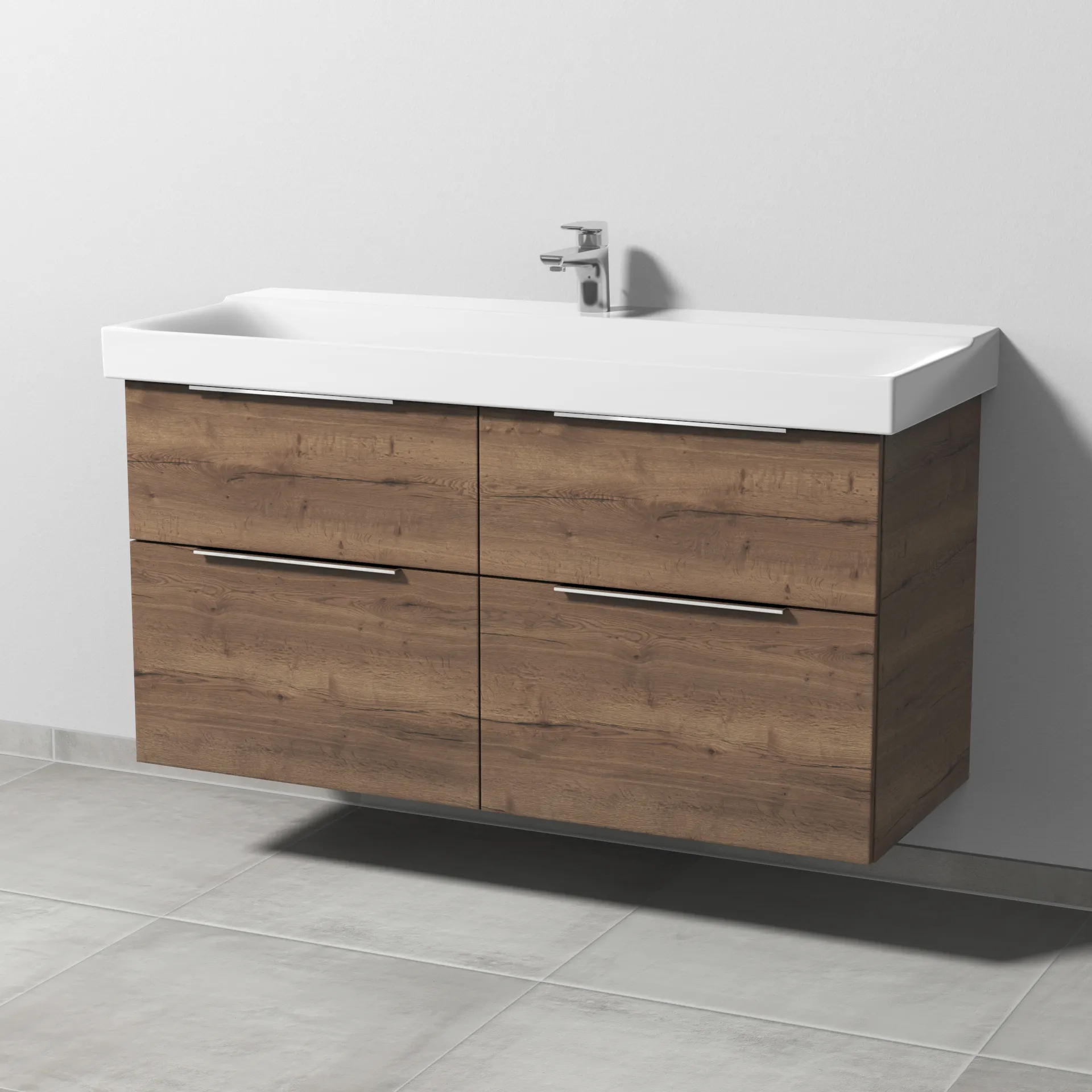 Sanipa Waschtischunterschrank „3way“ passend zu Keramik-Waschtische Xeno2 von Geberit 1150 × 593 × 452 mm in Eiche Tabak, Becken mittig