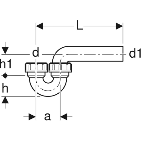Rohrbogengeruchsverschluss für Ausgussbecken, mit Quetschverschraubung, Einlauf vertikal und Abgang horizontal: d=50mm, d1=56mm Rohrbogengeruchsverschluss für Ausgussbecken, mit Quetschverschraubung, Einlauf vertikal und Abgang horizontal: d=50mm, d1=56mm