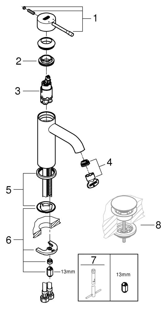 Einhand-Waschtischbatterie Essence 24172_1, S-Size, Einlochmontage, glatter Körper, Professional Edition, chrom
