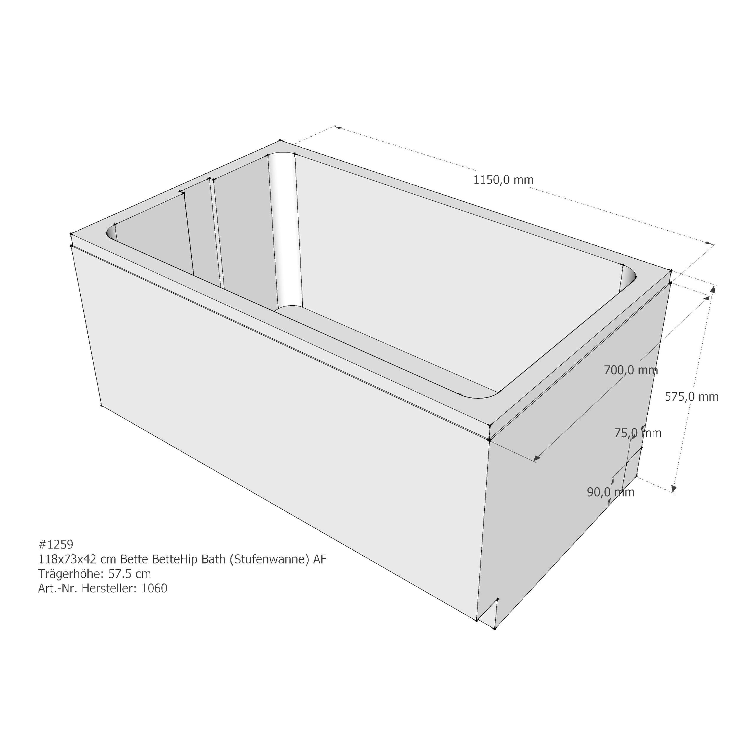 Badewannenträger für Bette BetteStep (Stufenwanne) 118 × 73 × 42 cm