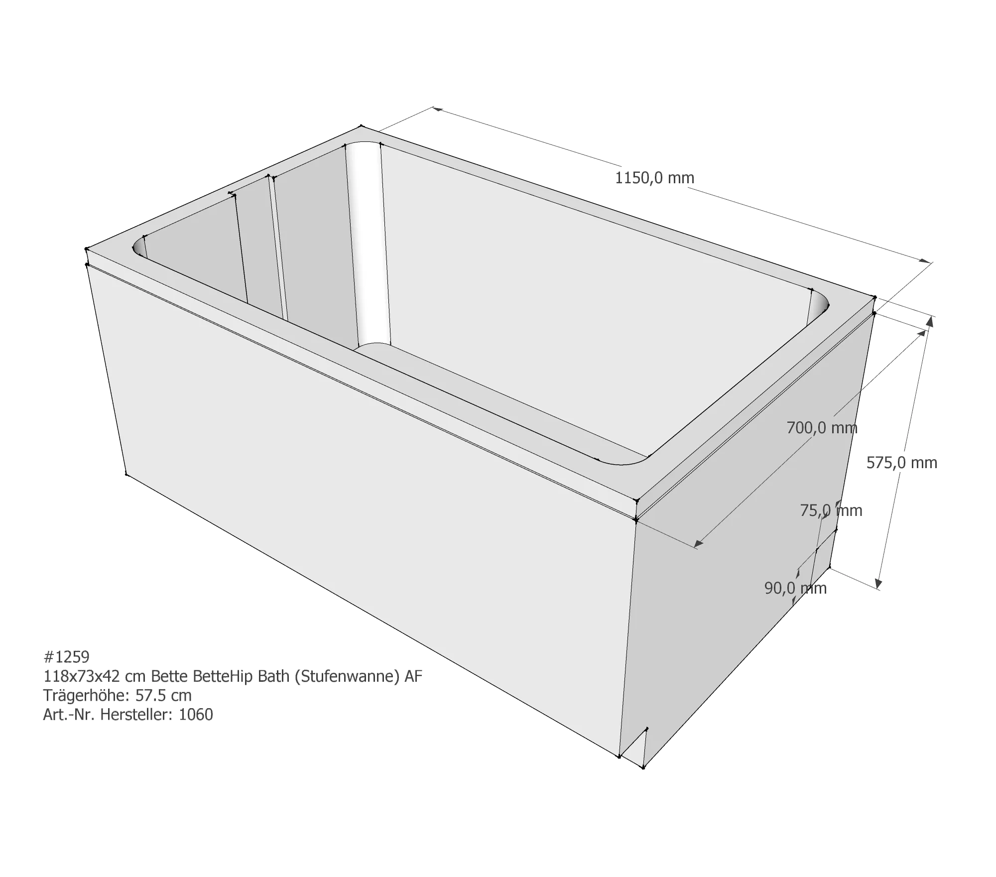 Badewannenträger für Bette Step (Stufenwanne) 118 × 73 × 42 cm Breite: 73 cm / Länge: 118 cm Badewannenträger für Bette Step (Stufenwanne) 118 × 73 × 42 cm Breite: 73 cm / Länge: 118 cm