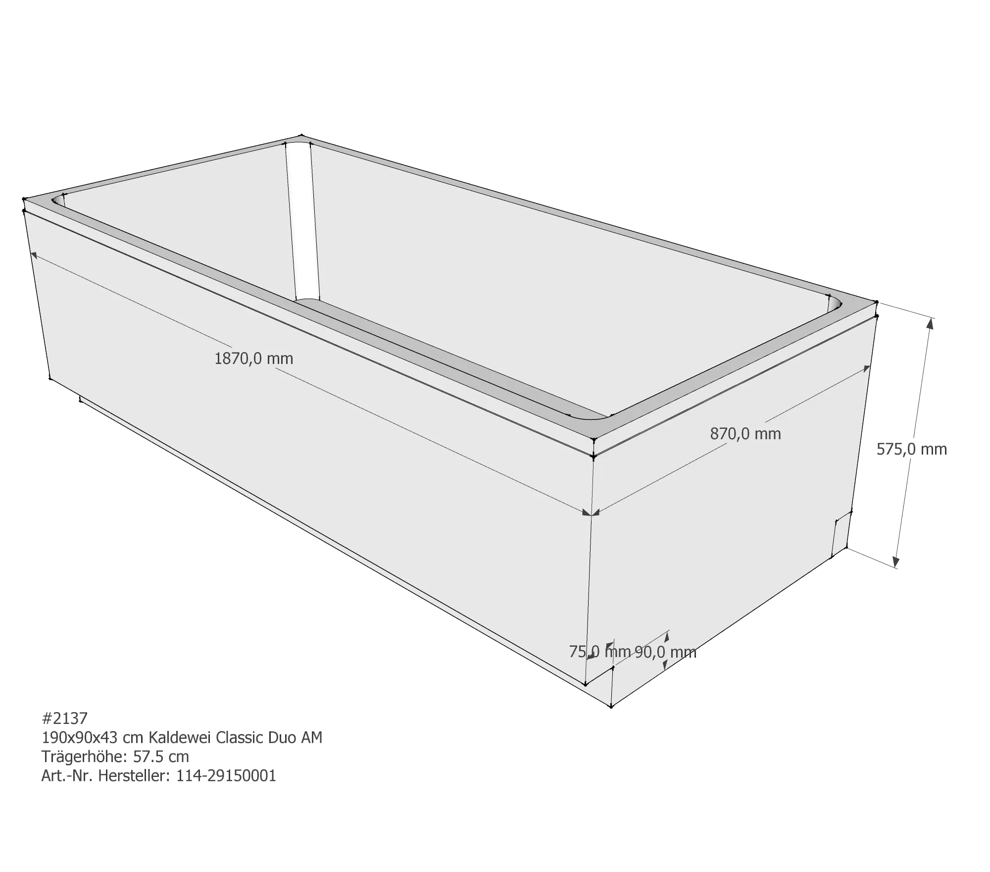 Badewannenträger für Kaldewei Classic Duo 190 × 90 × 43 cm