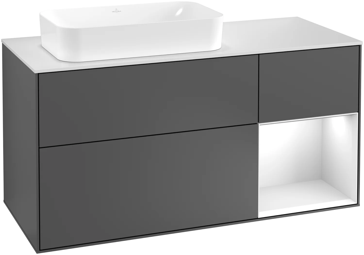 Villeroy & Boch Finion Waschbeckenunterschrank G69, 1200x603x501mm, mit Beleuchtung, 3 Auszüge, links