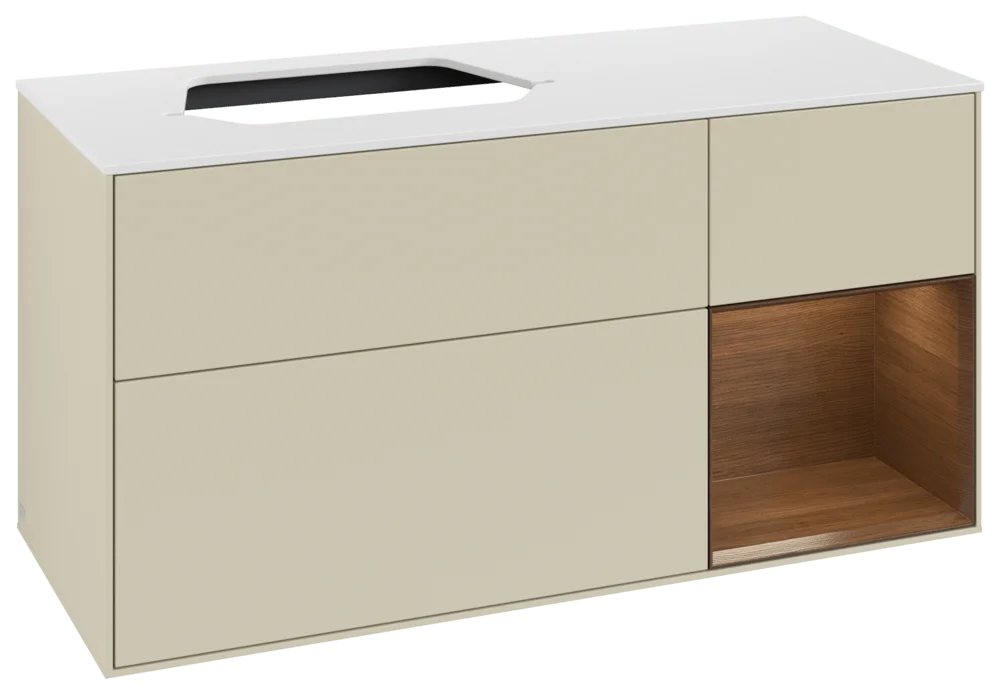 Villeroy & Boch Finion Waschbeckenunterschrank G40, 1200x603x501mm, Silk Grey Matt Lacquer / Walnut Veneer / Glass White Matt